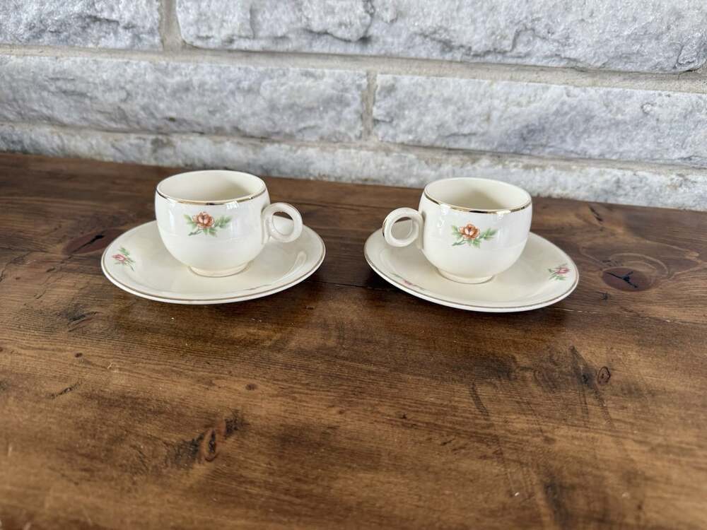 Vtg Homer Laughlin Eggshell Demitasse Cup & Saucer Pink Roses Gold Trim Set 0f 2